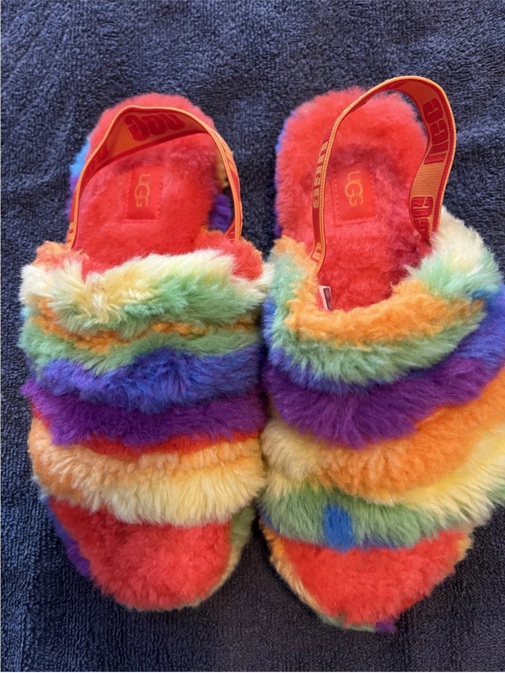 UGG Slides Womens Size 4 Fluff Yeah Cali Collage Rainbow PRIDE Fuzzy Colorful